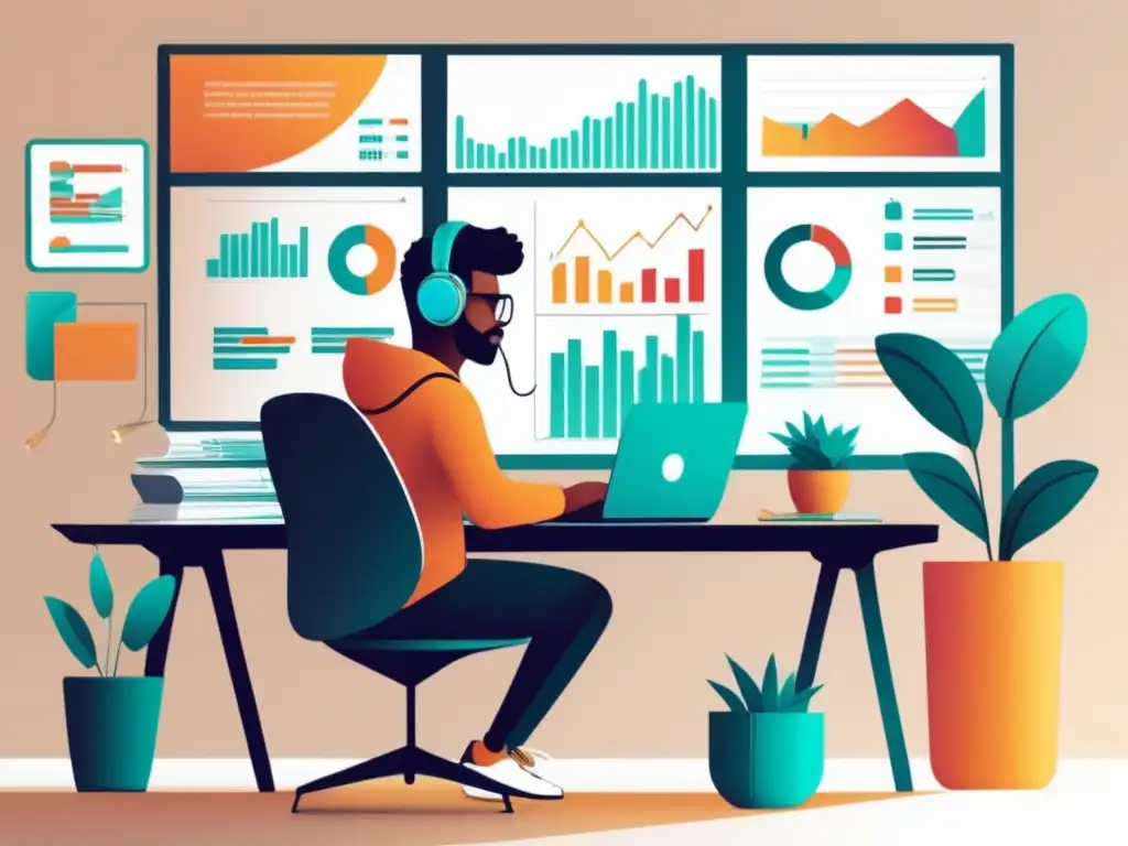 Freelancer en un escritorio moderno y minimalista con elementos financieros Freelancer con estrategias financieras en escritorio minimalista