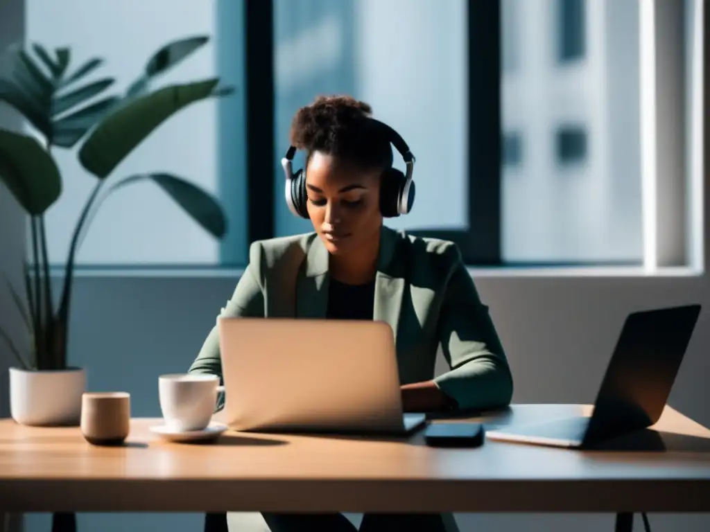 Freelancer enfocado en la gestión financiera Freelancer en escritorio organizado, con laptop, auriculares y gestión financiera para freelancers