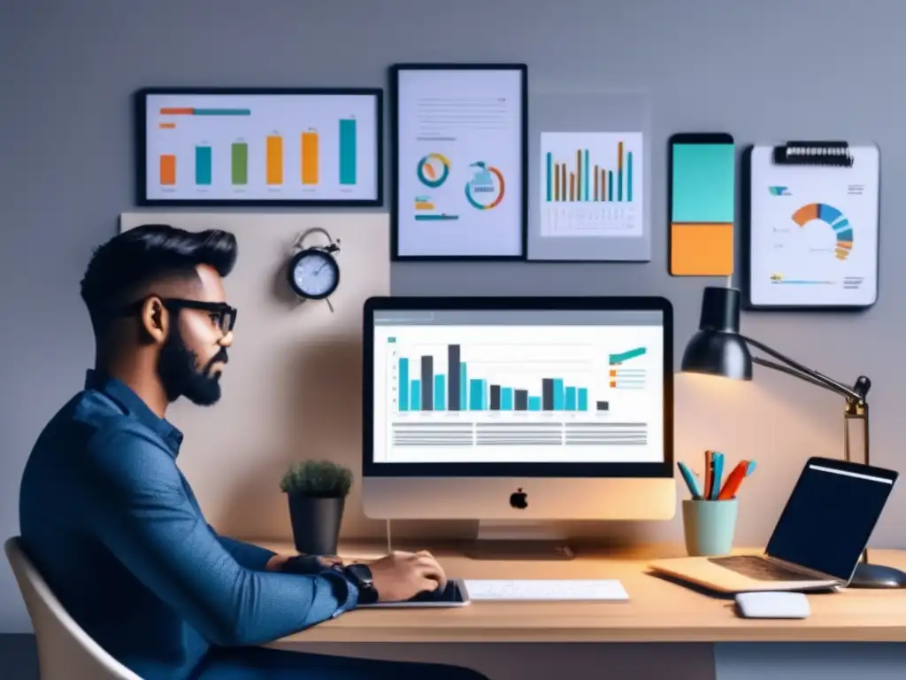 Freelancer enfocado en su escritorio Freelancer enfocado estableciendo tarifas efectivas, rodeado de dispositivos y herramientas de trabajo