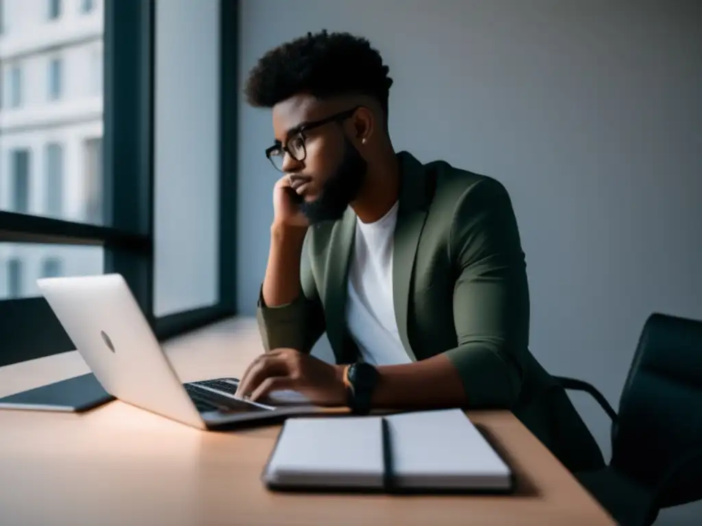 Freelancer concentrado en estrategia de precios Freelancer pensando en tarifas adecuadas en un escritorio minimalista