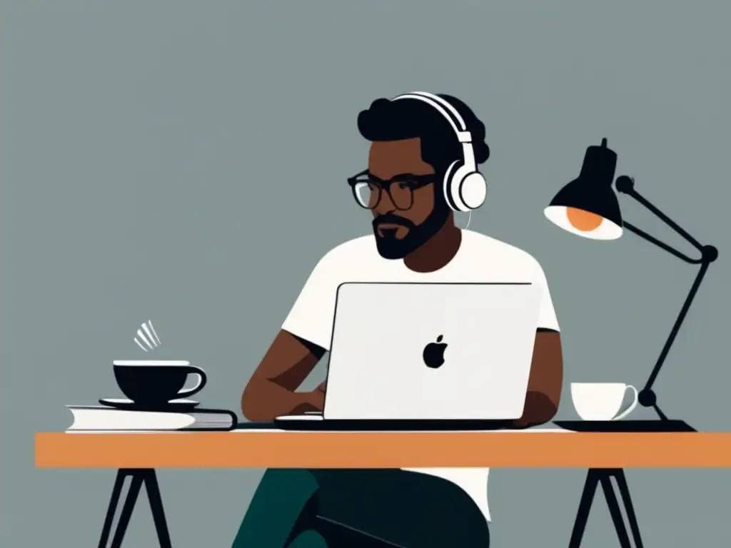 Freelancer trabajando en un escritorio minimalista Freelancer trabajando en un escritorio minimalista con laptop, auriculares y accesorios - Seguros de ahorro para freelancers