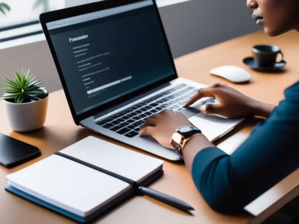 Freelancer en escritorio moderno Freelancer trabajando en un escritorio moderno y organizado, aprovechando deducciones fiscales para freelancers