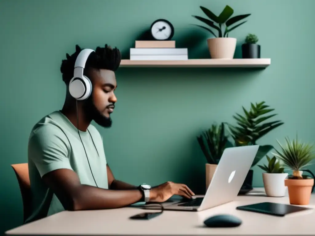 Freelancer concentrado en su escritorio Freelancer en escritorio moderno, con ingresos pasivos y ambiente productivo