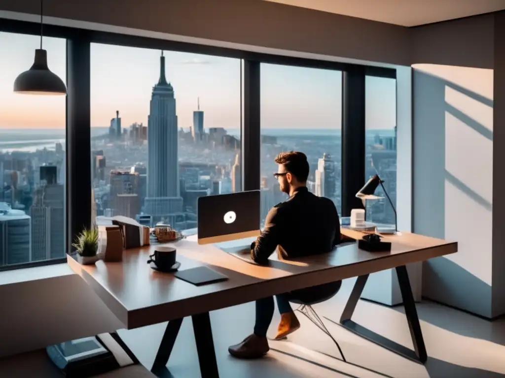 Freelancer en escritorio minimalista Freelancer en un escritorio moderno rodeado de herramientas de su oficio, reflejando estrategias clave para aumentar ingresos como freelancer
