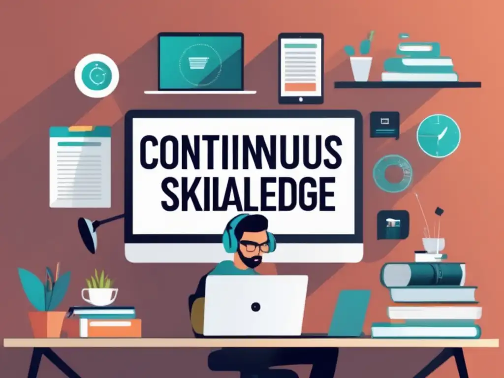 Freelancer moderno en su escritorio con dispositivos y libros Freelancer dedicado a aprendizaje constante, monitoreo de mercado y lealtad de clientes con tarifas competitivas en freelance