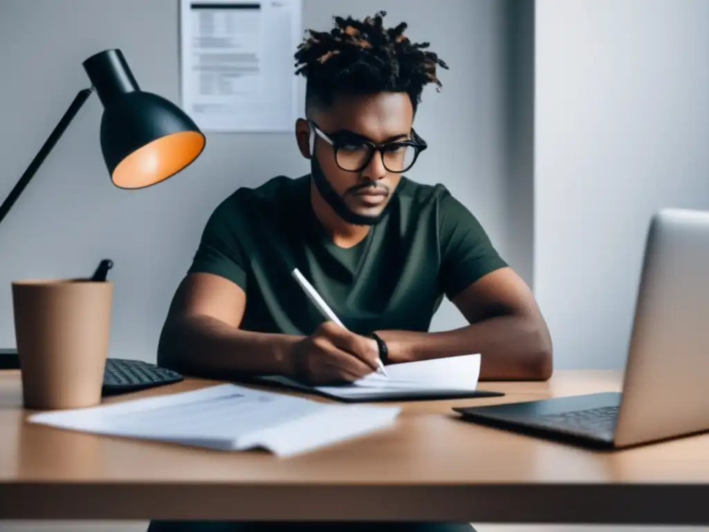 Freelancer en escritorio organizado revisando formularios de impuestos Freelancer en escritorio organizado revisando declaración de impuestos con planificación financiera especializada