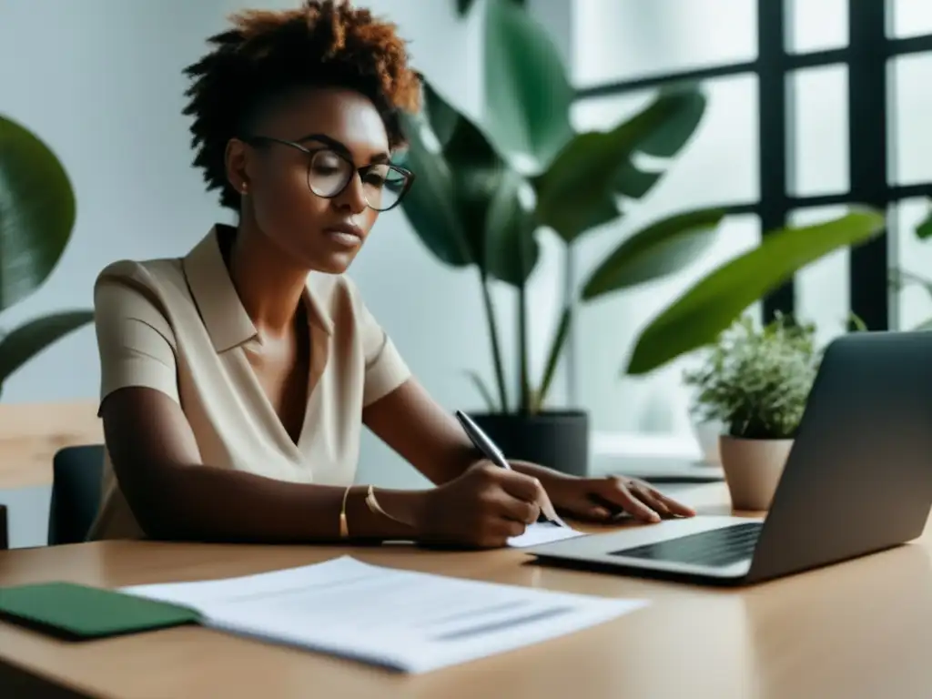 Freelancer cumpliendo con impuestos Freelancer en escritorio organizado, completando declaración de impuestos