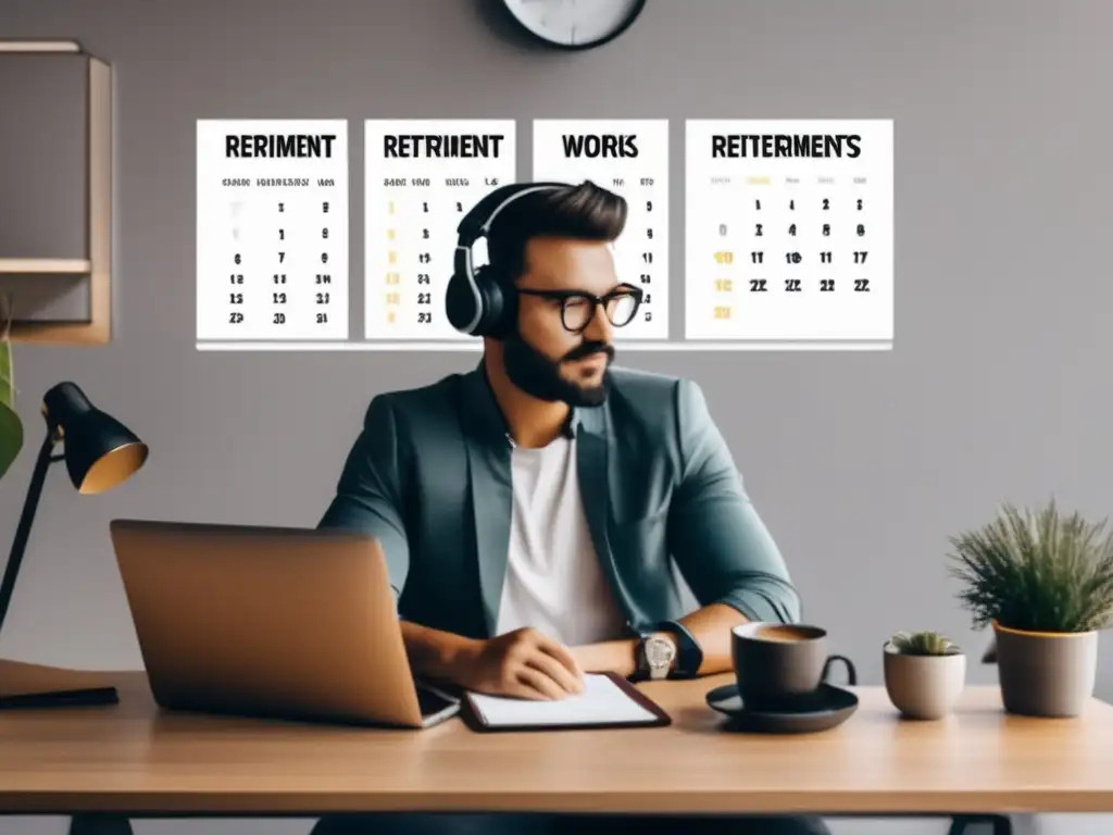 Freelancer planificando la jubilación Freelancer en espacio de trabajo organizado y pacífico, con calendario simbolizando hitos de planificación de retiro
