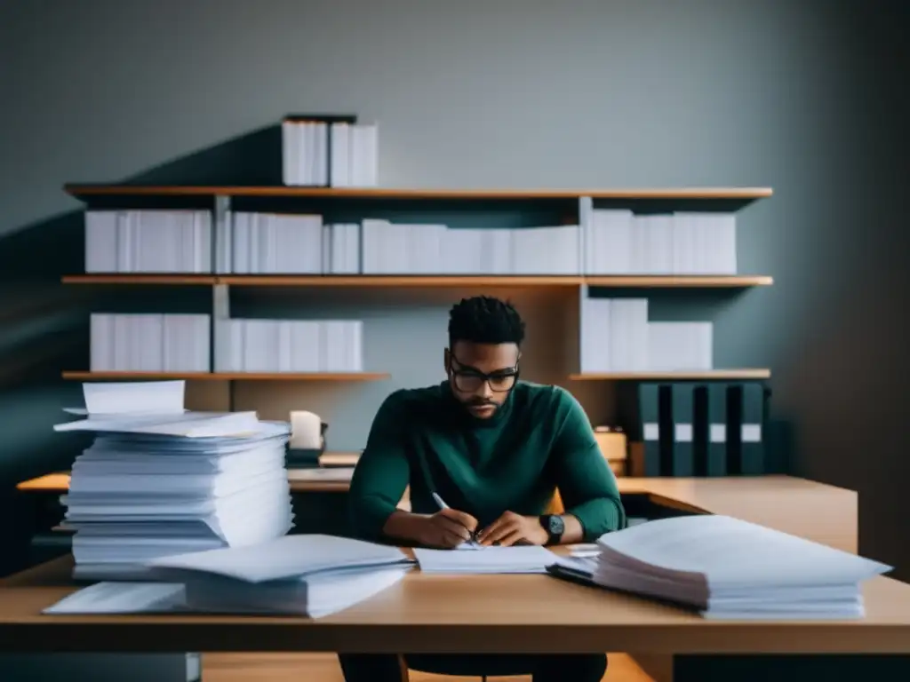 Freelancer inmerso en la complejidad del sistema fiscal Freelancer en oficina minimalista con papeleo y sistema fiscal estadounidense para freelancers