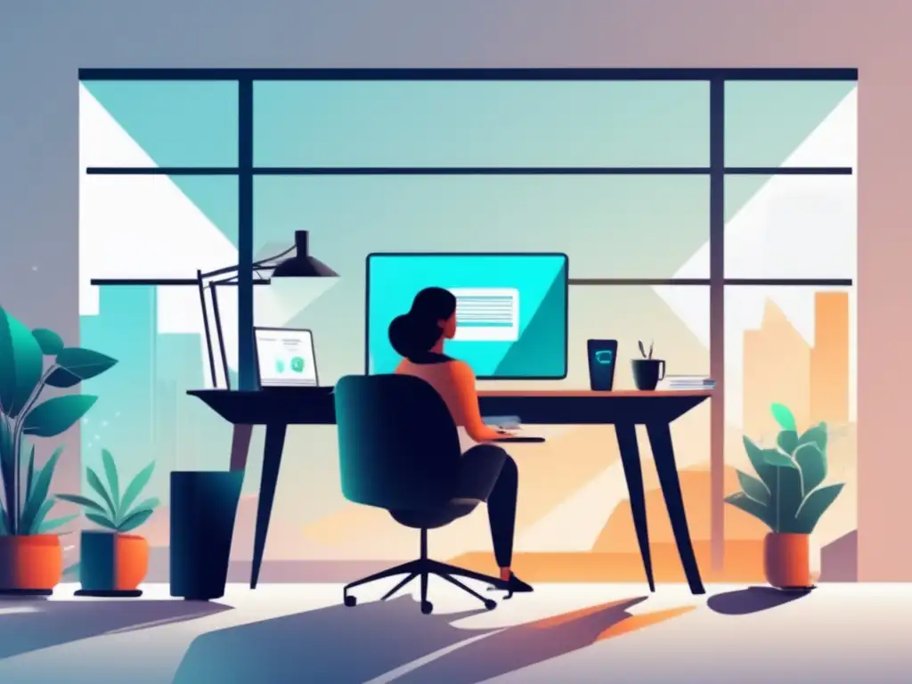 Freelancer trabajando en su escritorio moderno Freelancer en un espacio luminoso y moderno con dispositivos y motivación para ingresos pasivos