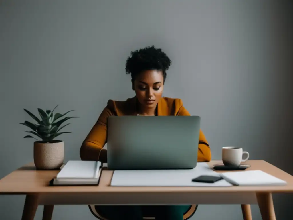 Freelancer enfocado en su meta Ingresos pasivos para freelancers: un freelancer enfocado y determinado en un escritorio moderno y minimalista con una laptop abierta