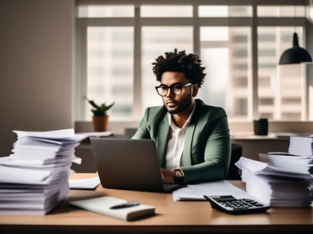 Freelancer enfocado, listo para deducciones fiscales Deducciones fiscales para freelancers: imagen de un freelancer enfocado y determinado trabajando en un escritorio rodeado de papeles y una calculadora