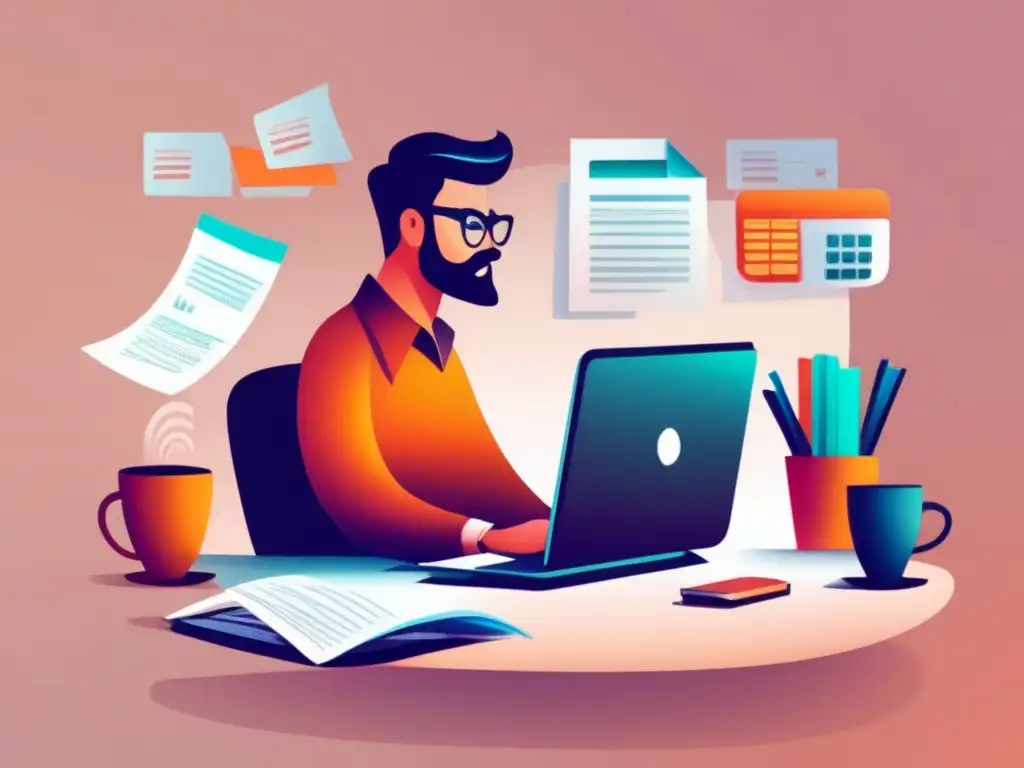 Freelancer gestionando finanzas Freelancer en escritorio con documentos y calculadora, refleja profesionalismo y administración financiera para freelancers
