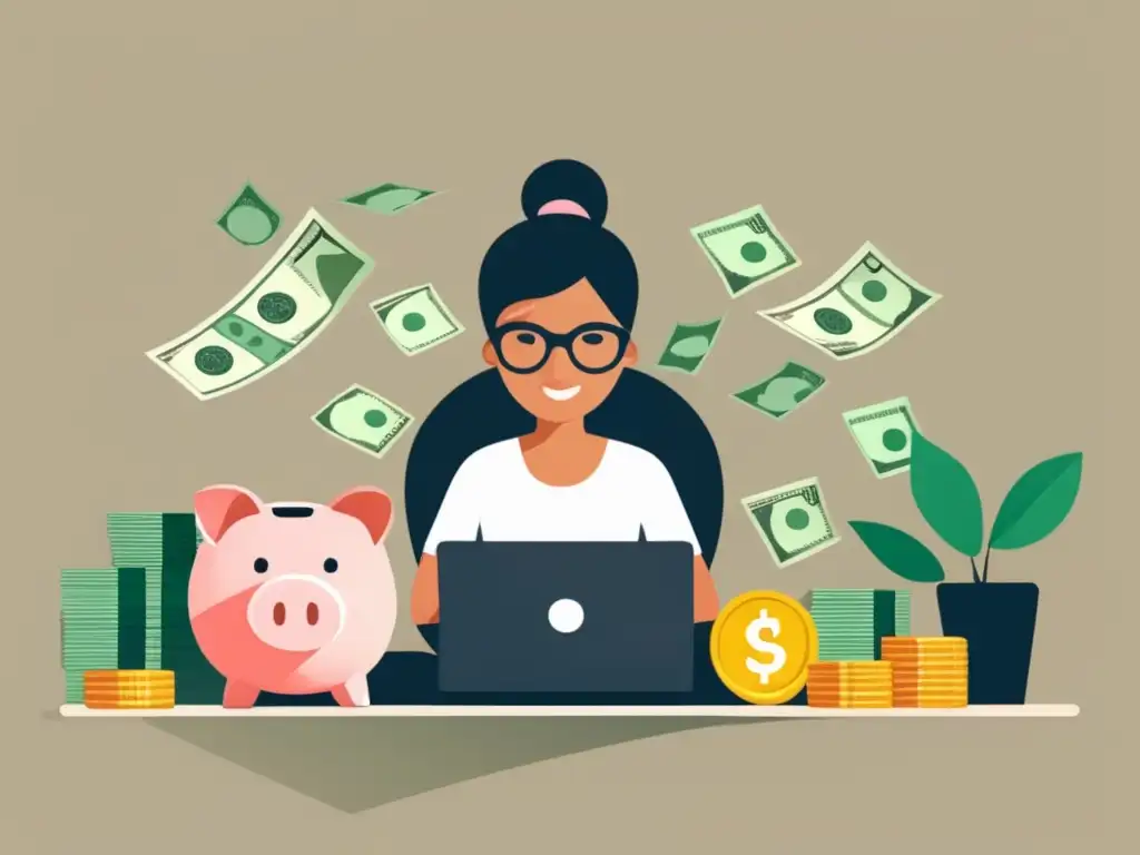 Freelancer concentrado en trabajo y finanzas Freelancer trabajando en un escritorio con un ordenador rodeado de dinero y una hucha, representando dedicación y planificación financiera