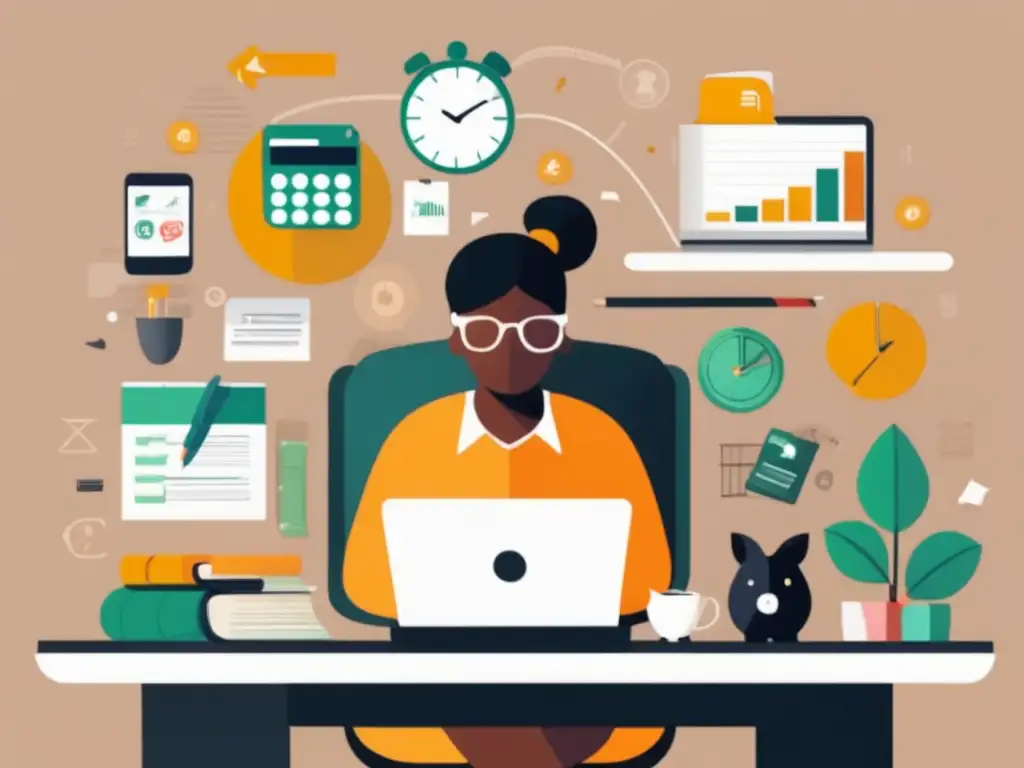 Freelancer enfrentando riesgos financieros Freelancer enfocado rodeado de riesgos financieros: ahorros, burocracia, gastos inesperados y equilibrio