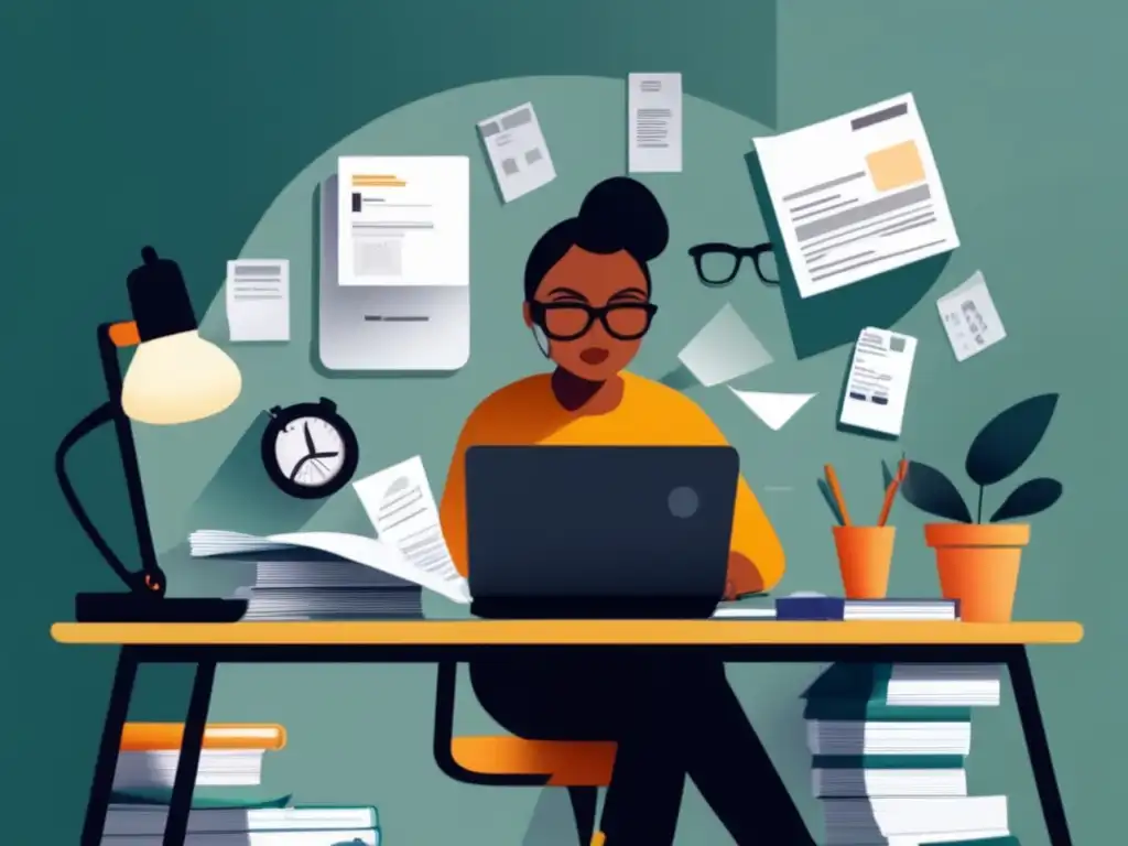 Freelancer enfocado en impuestos Freelancer trabajando en su escritorio, rodeado de documentos fiscales