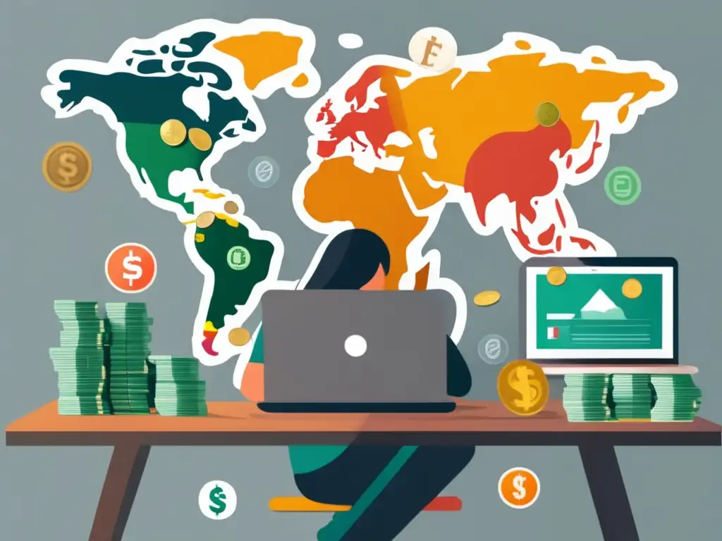 Freelancer gestionando divisas Freelancer con escritorio moderno y mapa mundial de divisas - Gestión de divisas para freelancers