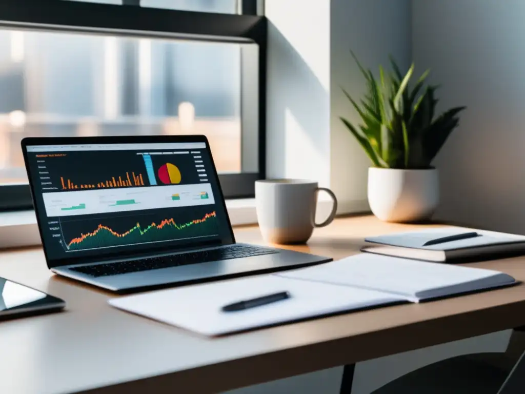 Espacio de trabajo del freelancer: Finanzas organizadas Espacio de trabajo freelancer: escritorio blanco, portátil, gráficos financieros