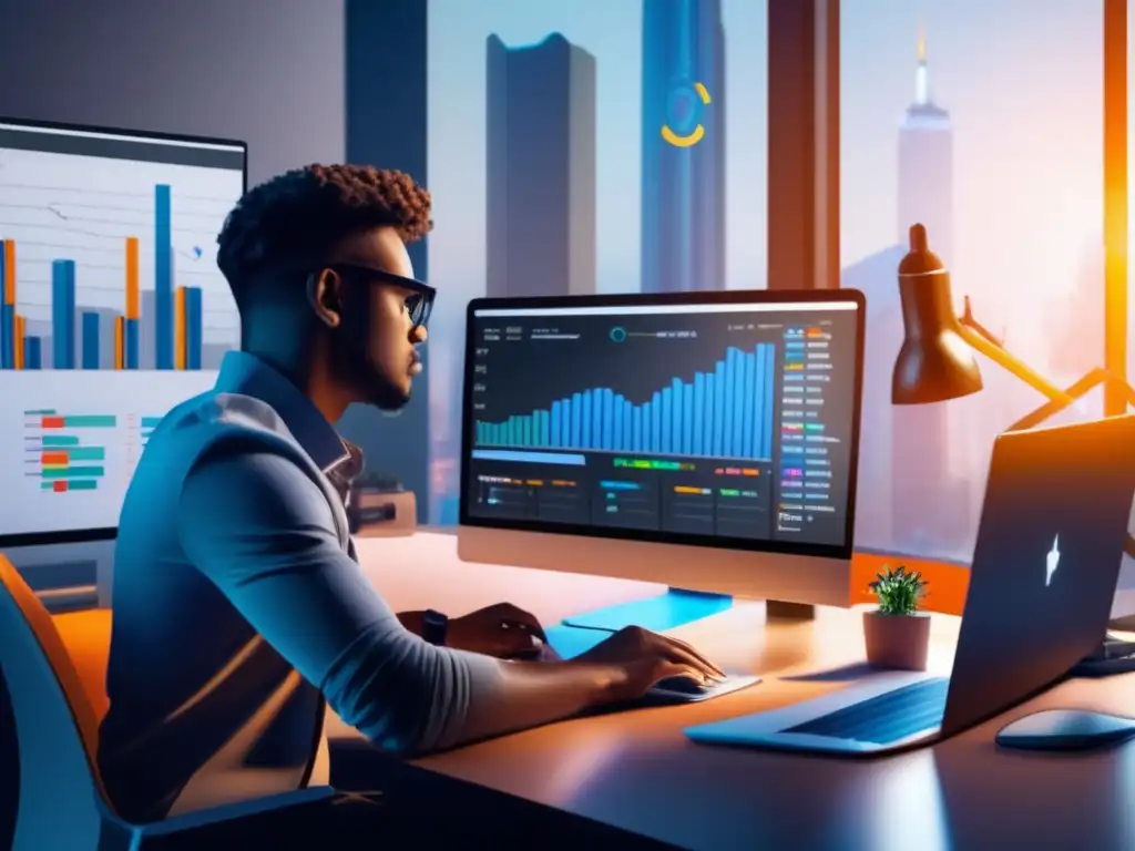 Freelancer estratégico en oficina luminosa Freelancer en escritorio estratégico con herramientas de gestión financiera y tarifas para freelancers