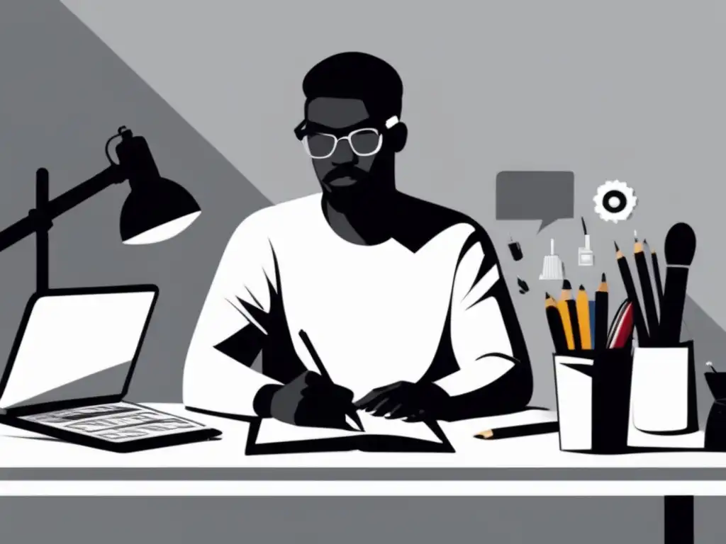 Freelancer estratégico en su escritorio Freelancer pensando en tarifas efectivas con herramientas de trabajo y objetos representativos