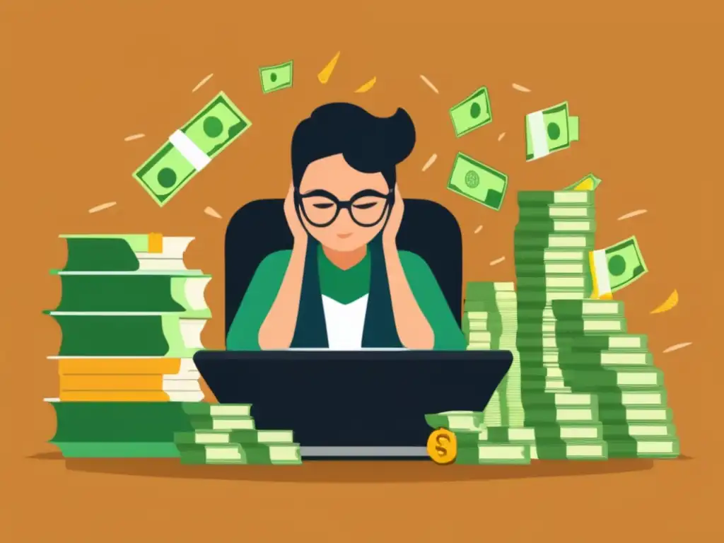 Freelancer estresado rodeado de dinero Errores financieros de freelancers: estrés y desorden en la imagen