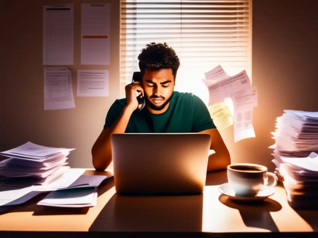 Freelancer preocupado en su escritorio Desafíos financieros freelancer en un escritorio desordenado