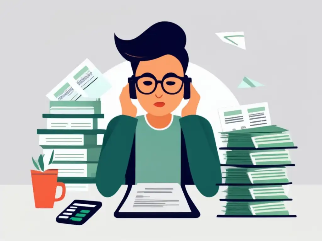 Freelancer estresado por facturas Riesgos financieros para freelancers: imagen minimalista de un freelancer estresado rodeado de facturas y con calculadora en mano