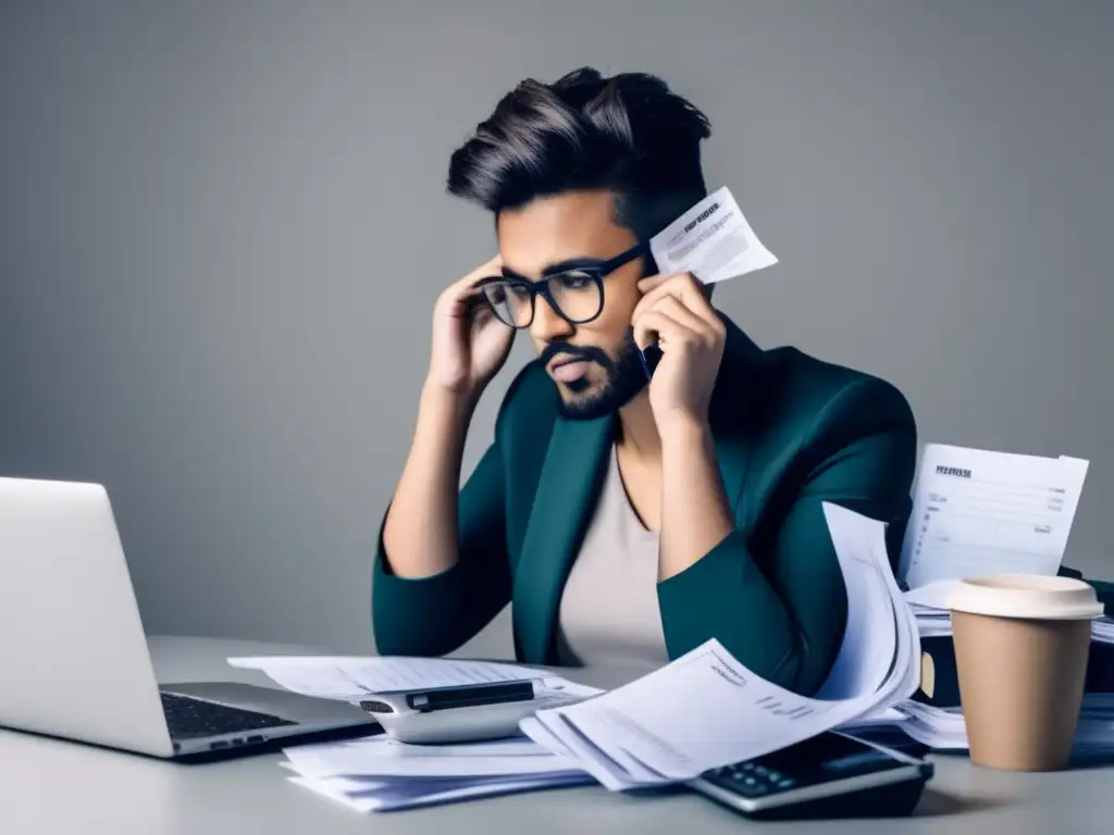 Freelancer agobiado por facturas Freelancer estresado por errores financieros