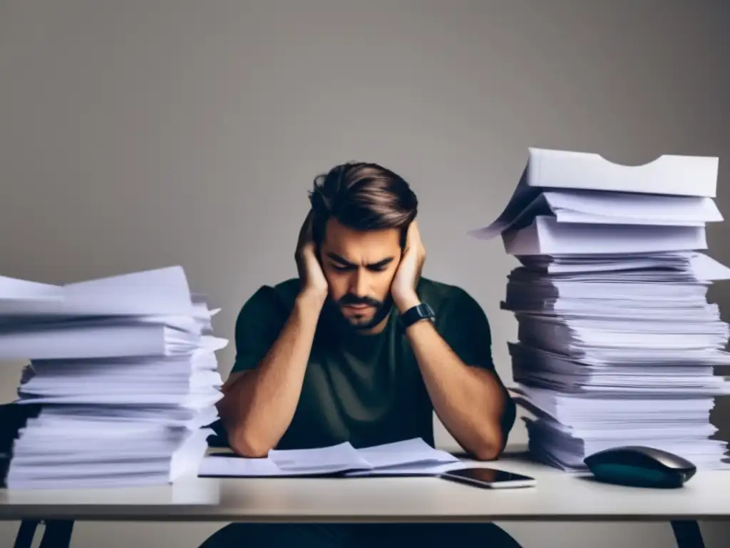 Freelancer estresado con papeleo Freelancer estresado por errores comunes de impuestos
