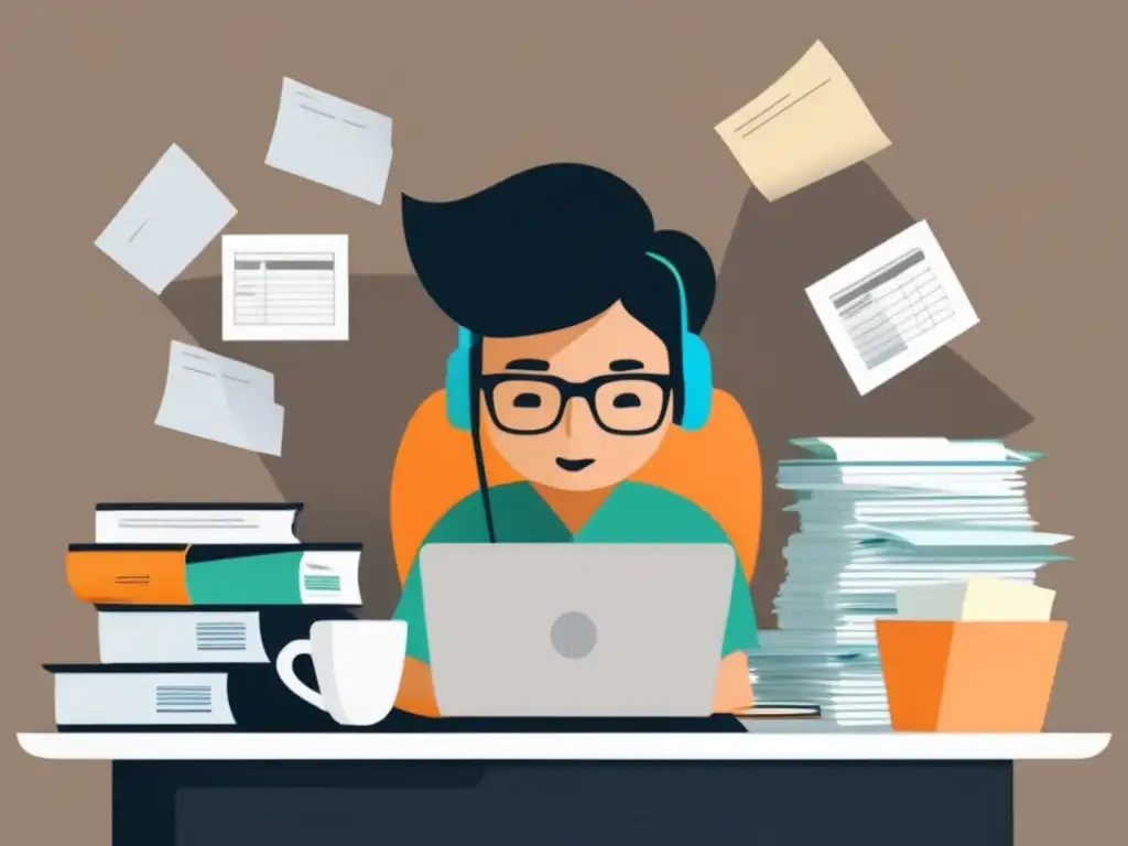 Freelancer en escritorio con papeleo y estrés Freelancer en escritorio, rodeado de papeles y recibos, con expresión de estrés