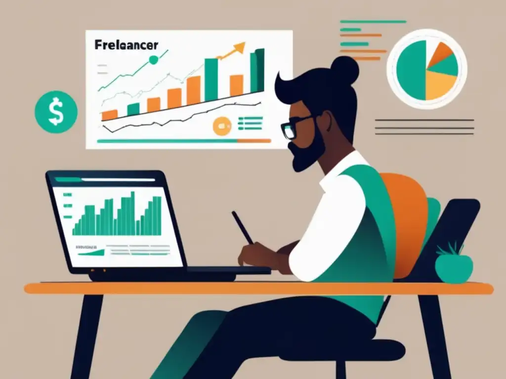 Evaluación financiera del freelance Freelancer evaluando su situación financiera con gráficos y fondo de pensión autónomo para freelancers