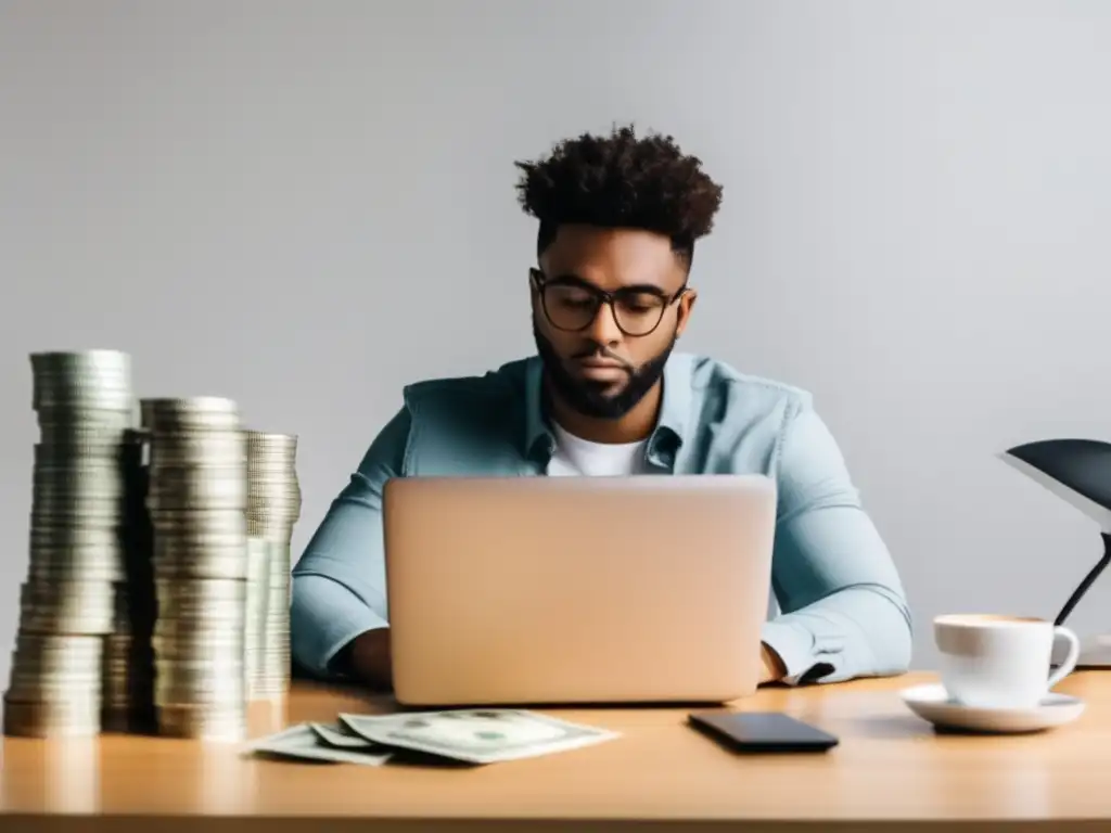 Freelancer concentrado en su trabajo Freelancer enfocado en su trabajo, rodeado de dinero y con elementos esenciales