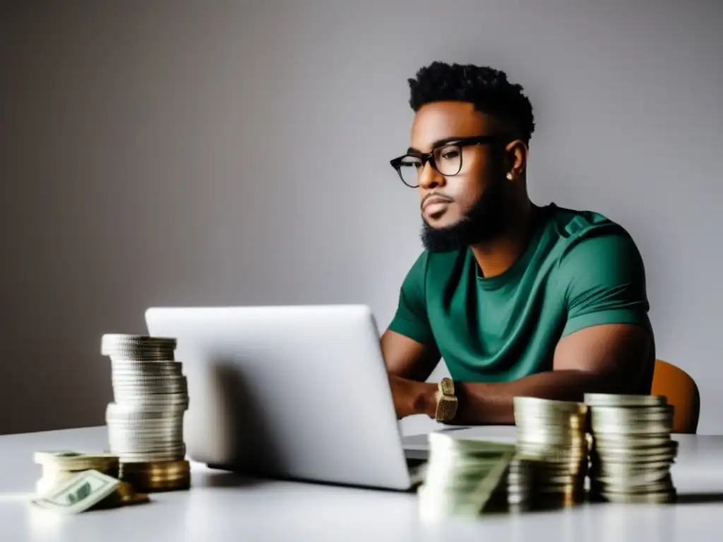 Freelancer exitoso rodeado de dinero Freelancer enfocado en su escritorio rodeado de dinero - Estrategias de ahorro para freelancers