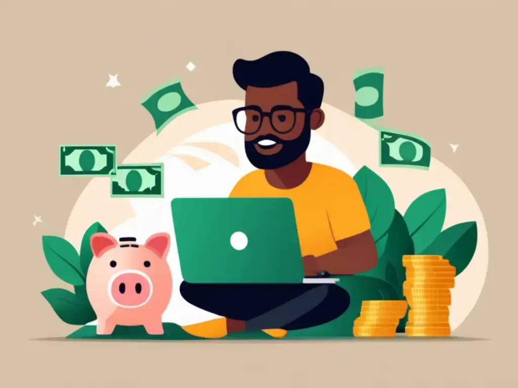 Freelancer enfocado rodeado de dinero y una alcancía Freelancer con éxito financiero - Técnicas para duplicar ingresos