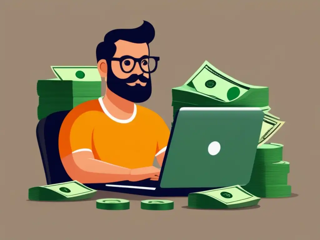 Beneficios financieros para freelancers Opciones de crédito para freelancers: imagen minimalista de un freelancer rodeado de dinero en un escritorio con laptop