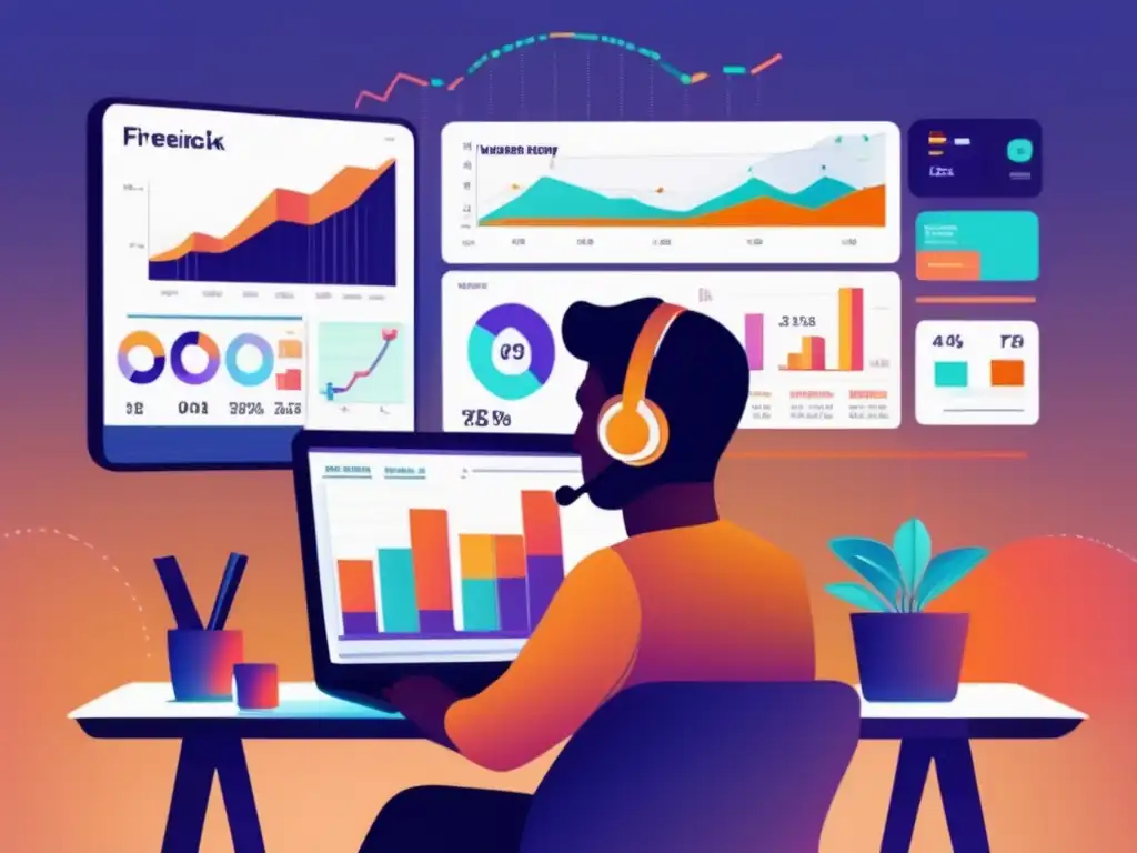 Freelancer en dashboard financiero Freelancer en escritorio con dashboard de gestión de riesgos financieros para freelancers