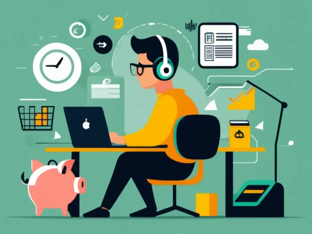 Freelancer tranquilo rodeado de riesgos financieros Riesgos financieros para freelancers: imagen minimalista de un freelancer tranquilo trabajando rodeado de símbolos de riesgo financiero