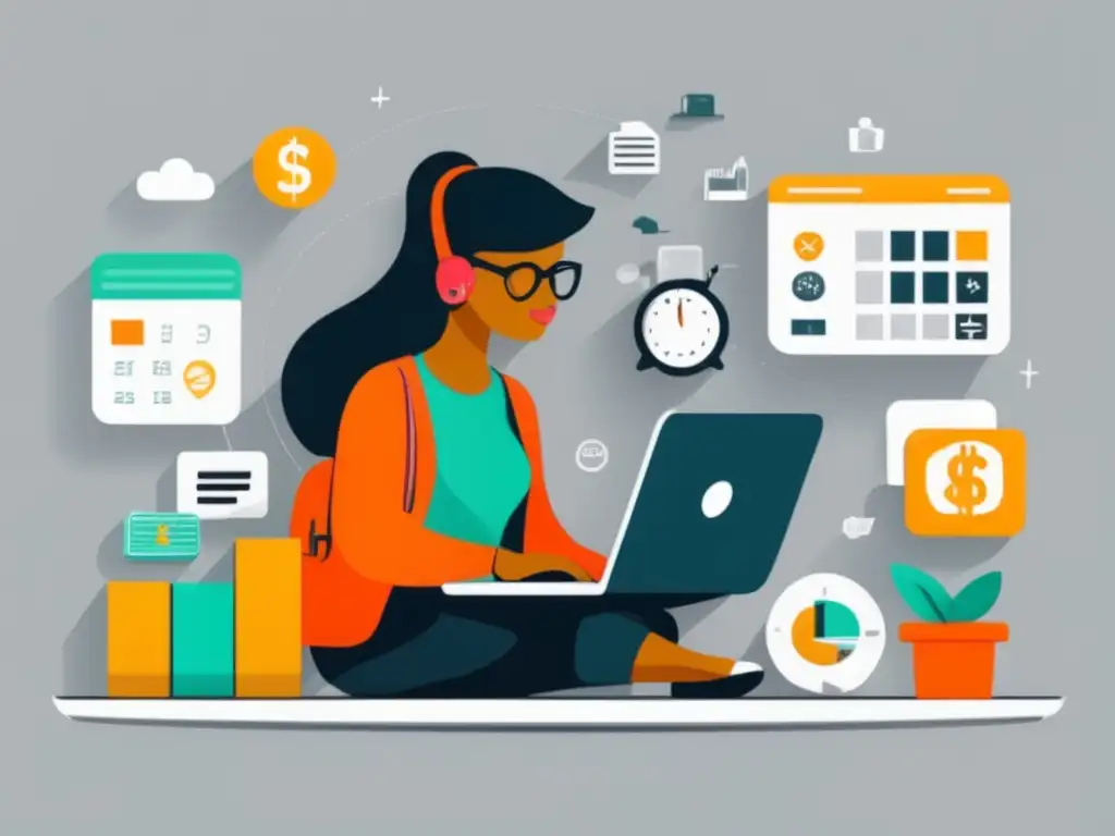 Freelancer trabajando con iconos financieros Freelancer trabajando con laptop rodeado de íconos financieros - Créditos para freelancers