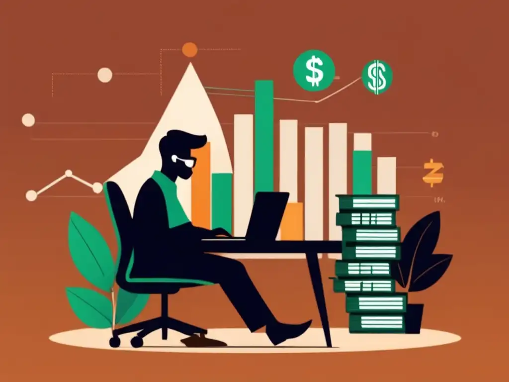 Freelancer rodeado de riesgos financieros Imagen: Freelancer con laptop rodeado de elementos financieros y de riesgo