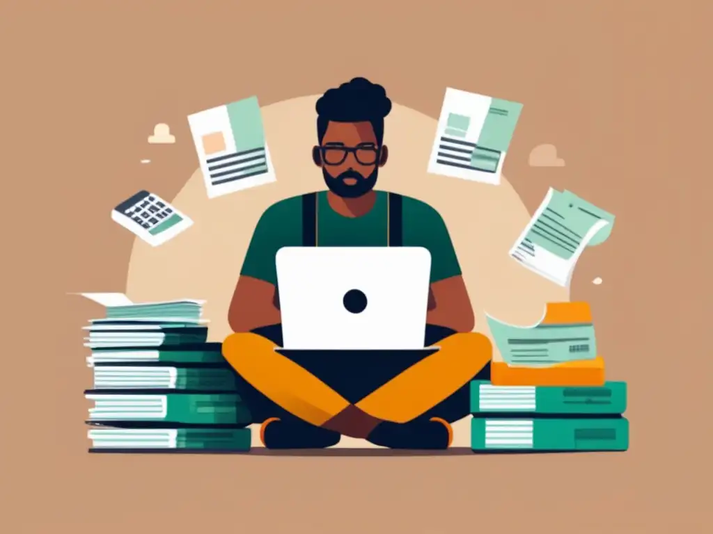 Desafíos financieros del freelancer Freelancer en escritorio rodeado de facturas y laptop, reflexionando sobre la protección financiera