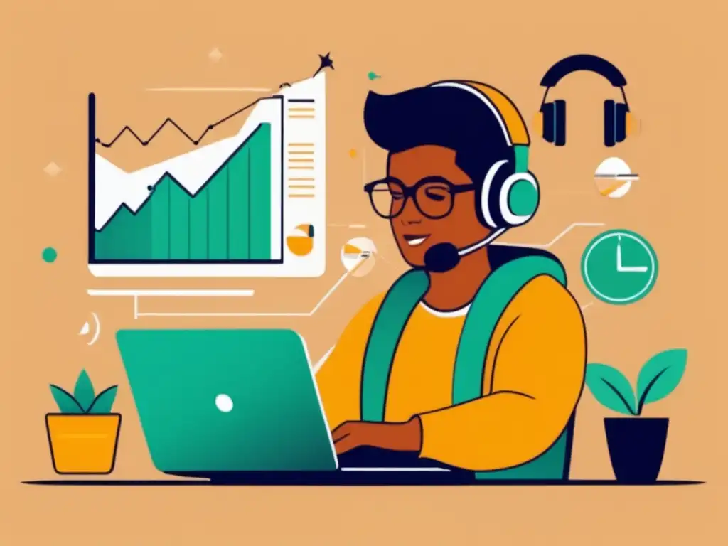 Freelancer gestionando riesgos financieros ALT: Ilustración minimalista de un freelancer gestionando riesgos financieros con un laptop y elementos representativos