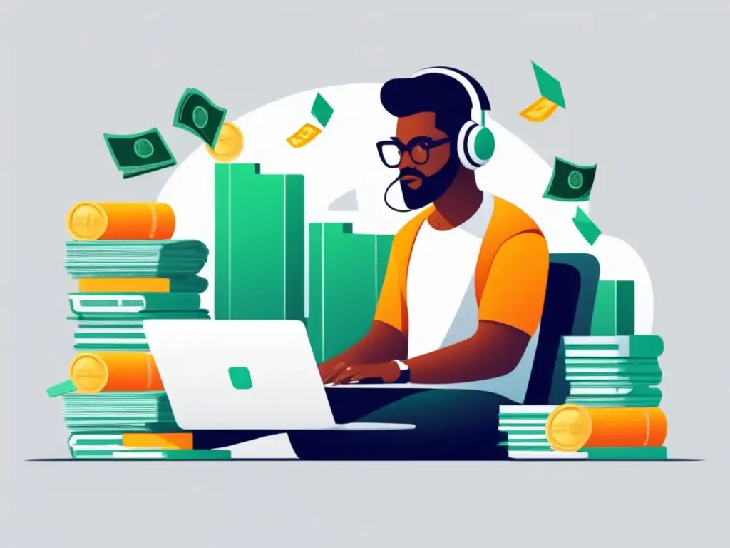 Freelancer exitoso rodeado de dinero en su escritorio Freelancer transformando su situación financiera: ¿Cómo lograrlo?