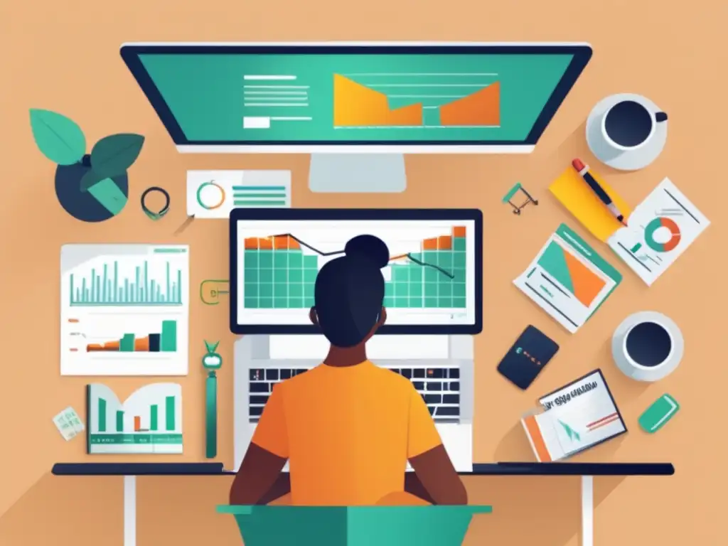 Freelancer exitoso con herramientas de inversión Ilustración minimalista de un freelancer en su escritorio moderno rodeado de herramientas de inversión