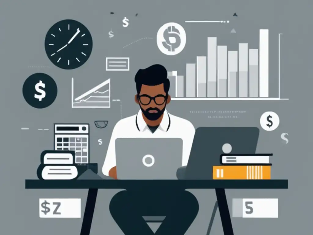 Freelancer reflexivo rodeado de elementos financieros Freelancer analizando gestión de riesgos financieros