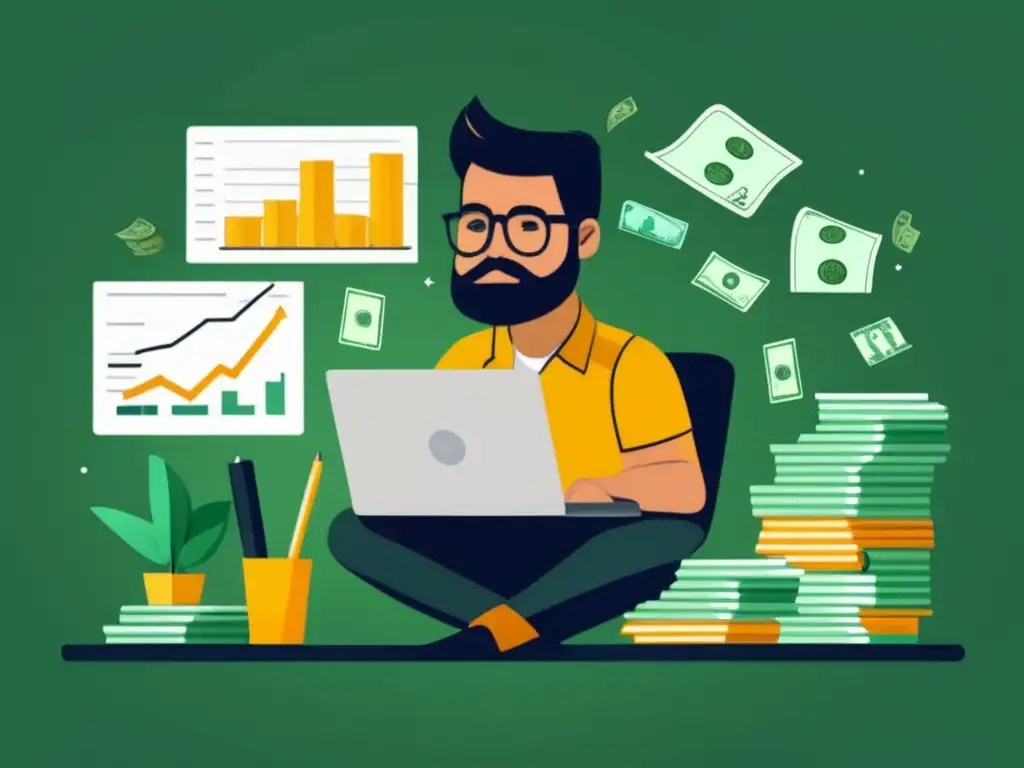 Freelancer examinando finanzas Freelancer examinando riesgos financieros en imagen detallada con dinero y gráficos