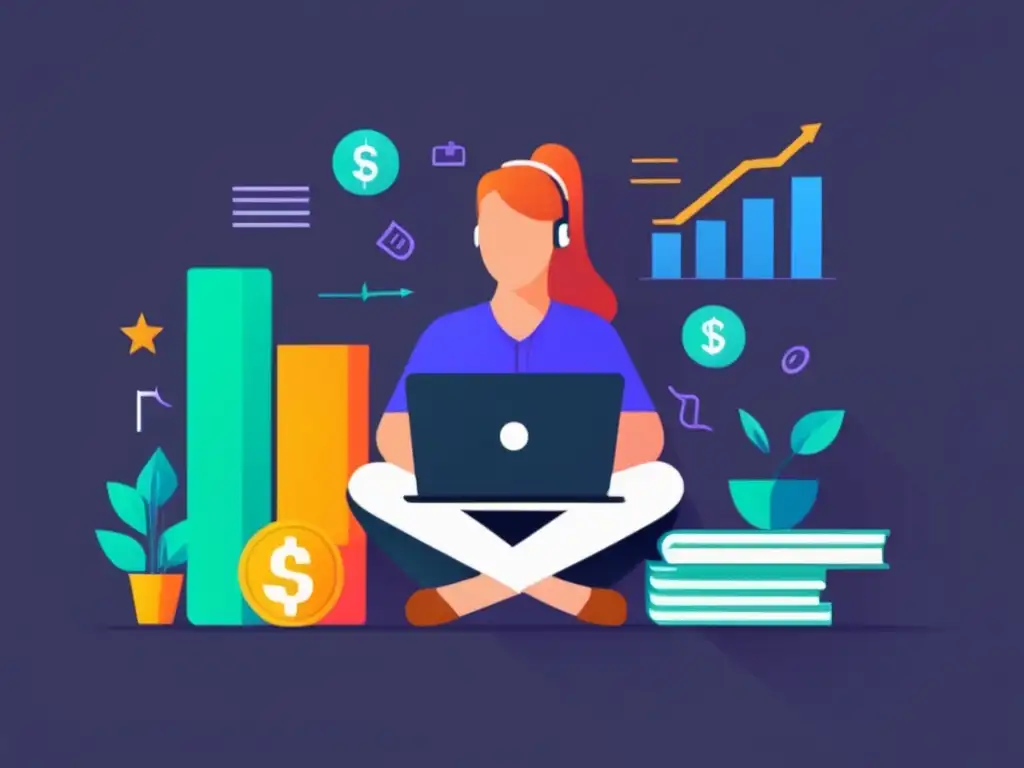 Freelancer maximizando ahorros con inversiones Ilustración minimalista de un freelancer en su escritorio con una laptop rodeado de elementos financieros