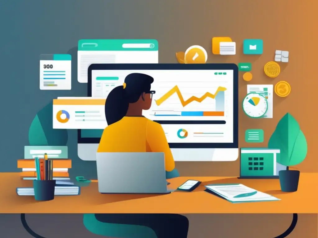 Freelancer organizando finanzas Ilustración minimalista de freelancer organizando finanzas con herramientas contables y software de seguimiento de gastos, asesorado por consultor fiscal - deducciones fiscales para freelancers