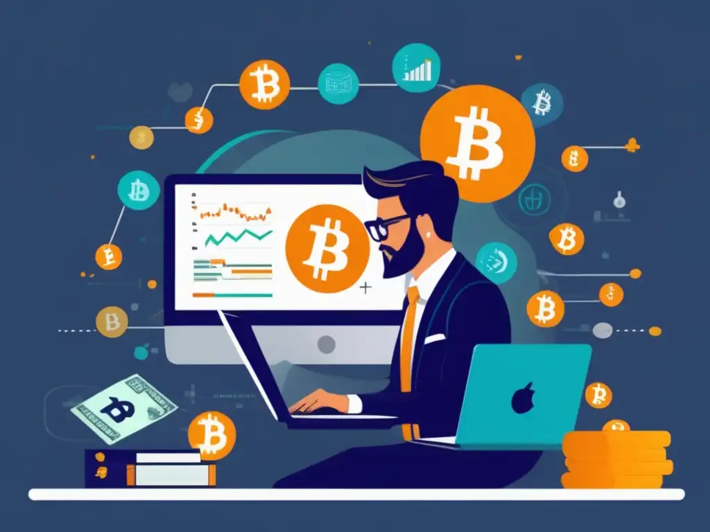 Freelancer gestionando criptomonedas Freelancer en un escritorio moderno rodeado de monedas digitales para gestionar finanzas