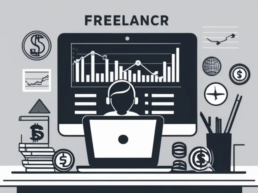 Freelancer financiero con monedas Freelancer gestionando finanzas con laptop, moneda de cobro para freelancers