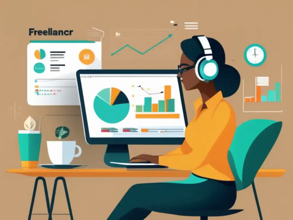Concentración financiera del freelancer Ilustración minimalista de freelancer con herramientas de planificación financiera -